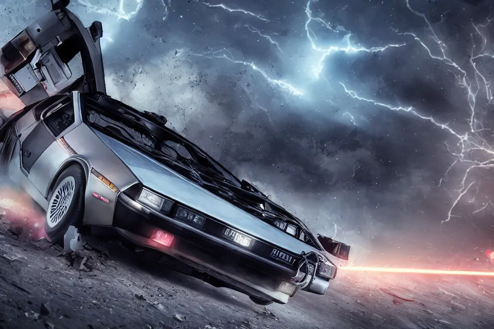 Prompt: ultra realistic delorean dmc 5 drifting on broken highway wreckage floating in space, dark cinematic, volumetric, realistic, 3 d render, realistic render, cinematic lighting, volumetric lighting, atmospheric, cinematic, unreal engine 5, unreal engine render, octane render, hd, photorealism, hyper realistic, 8 k