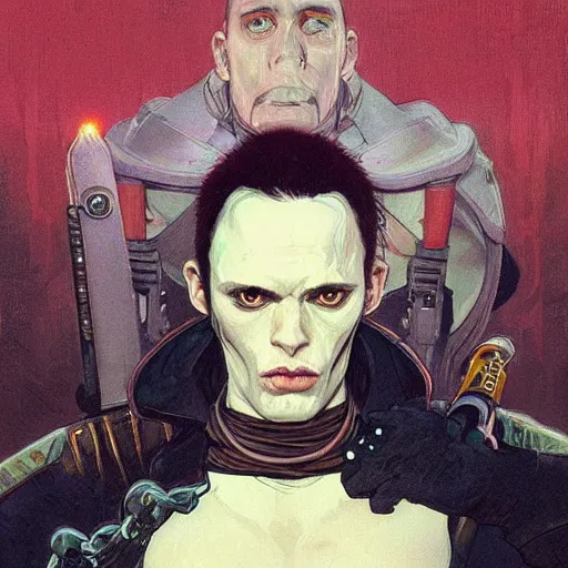 Image similar to portrait of rubbery, gaunt albino mutant with moist skin, sharp features, large lips, huge black eyes and determined expression, wearing fascist Byzantine police uniform and standing on cyberpunk docks, Dune concept art by Anato Finnstark, Alphonse Mucha, and Greg Rutkowski