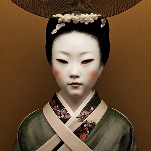 Image similar to portrait of a geisha porcelain doll kintsugi, fractal, intricate, elegant, highly detailed, digital photography, subsurface scattering, by jheronimus bosch and james jean and greg rutkowski,