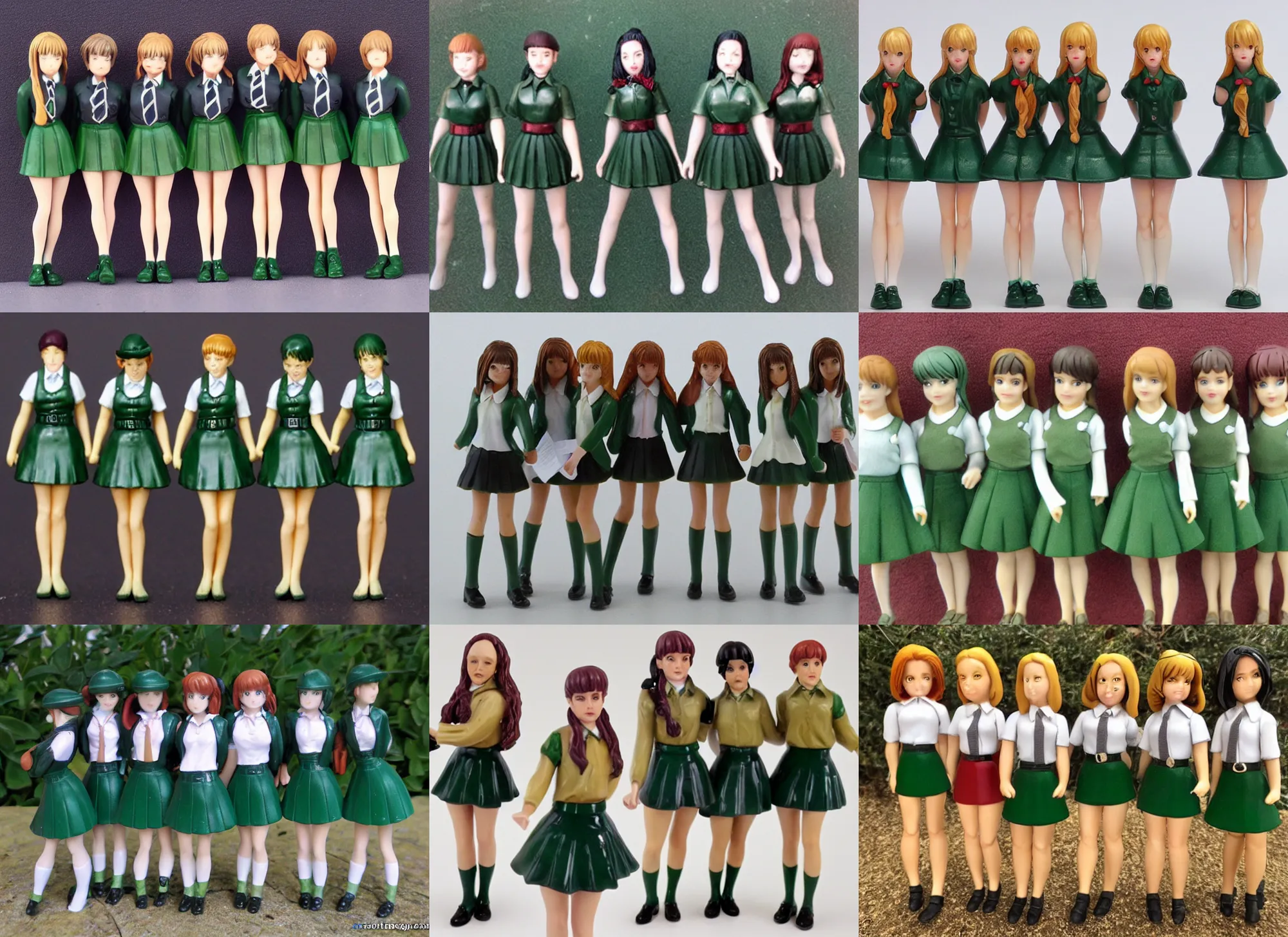 Prompt: Image on the store website, eBay, Full body, 80mm resin detailed miniature of five school girls in deep green mini-skirts