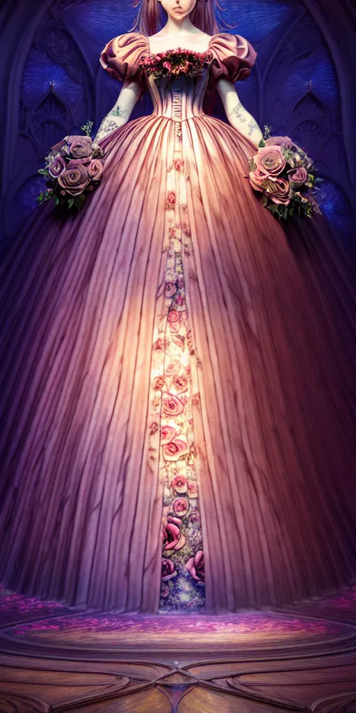 Prompt: the beautiful hyperdetailed physical rendering of a single rose flower wedding gothic lolita dress clothing design display in show in front of your eyes, perfectly shaded, atmospheric lighting, in the style of makoto shinkai, raphael lacoste louis comfort tiffany, artgerm, karol bak, james jean, ross tran, 8 k hd, fine texture structure, 3 drender,