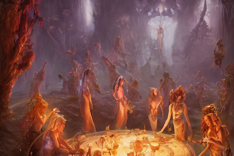 Image similar to the muses. a sacred stone circle, rivendell, the garden of eden, sacred singers they who took up the strings of the deep, and turned the cacophony of an angry world into songs of unity and peace. morning lighting hopeful, cinematic fantasy painting, dungeons and dragons, jessica rossier and brian froud