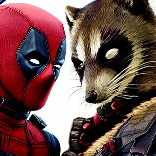 Image similar to deadpool and rocket raccoon together digital art 4 k detailed super realistic