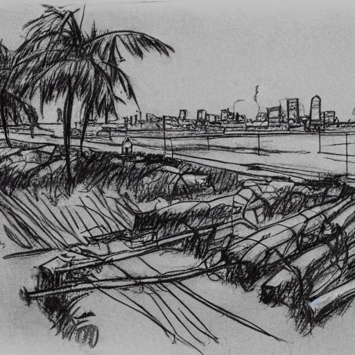 Image similar to milt kahl sketch of world war 1 trenches with the city of miami in the background