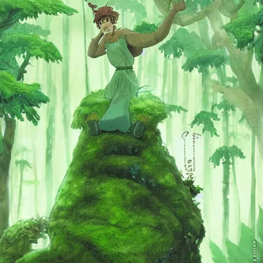 Prompt: a green genie ready to grant wishes deep in the forest, fantasy illustration, studio ghibli