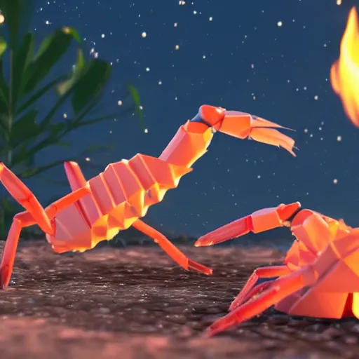 Image similar to real footage of low poly shrimps dancing around a campfire on the forest at night