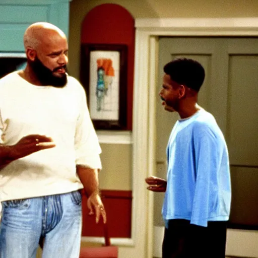 Prompt: Still shot of scene from Fresh Prince of Bel Air, with Uncle Phil slapping Will upside the head