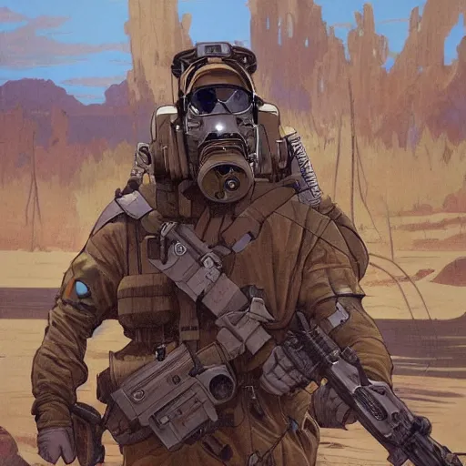 Image similar to Hector. USN special forces recon operator in near future gear, cybernetic enhancement, on patrol in the Australian neutral zone, Barren landscape. 2087. Concept art by James Gurney and Alphonso Mucha