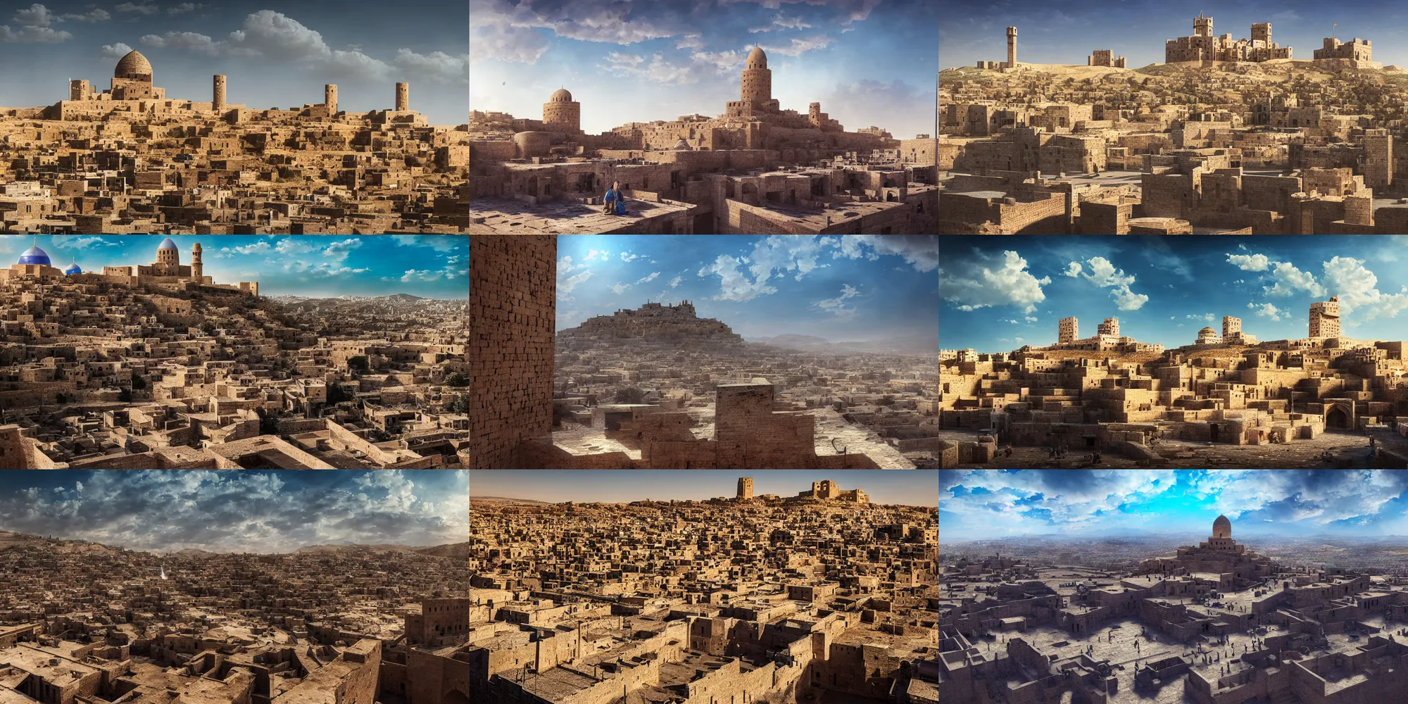 Prompt: citadel of erbil, old town mardin, kurdistan, dramatic, atmospheric, photorealistic, bright blue sky, wide establishing shot, cityscape, octane render, rtx, hdr, unreal engine, concept art by sparth, jordan grimmer, studio ghibli