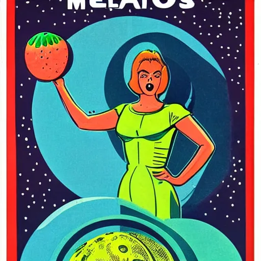 Prompt: melons from space, illustrazione, 6 0's poster b movie