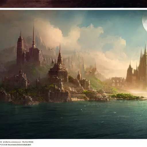 Prompt: Large Fantasy City in the middle of an island in the ocean, concept art, matte painting