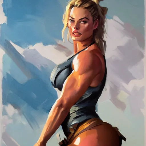 Image similar to greg manchess portrait of margot robbie as thick female bodybuilder lara croft, epic grimdark, fantasy, medium shot, asymmetrical, profile picture, organic painting, sunny day, matte painting, bold shapes, hard edges, street art, trending on artstation, by huang guangjian and gil elvgren and sachin teng