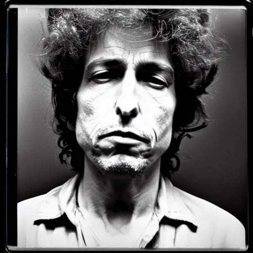 Image similar to Mugshot Portrait of Bob Dylan, taken in the 1970s, photo taken on a 1970s polaroid camera, grainy, real life, hyperrealistic, ultra realistic, realistic, highly detailed, epic, HD quality, 8k resolution, body and headshot, film still, front facing, front view, headshot and bodyshot, detailed face, very detailed face