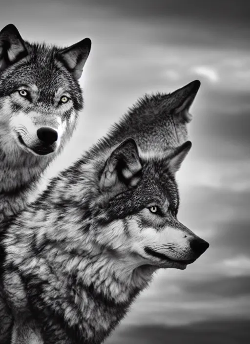 Image similar to two wolves black and white portrait white sky in background