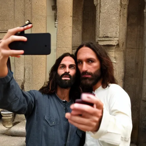 Image similar to jesus and judas taking a selfie together