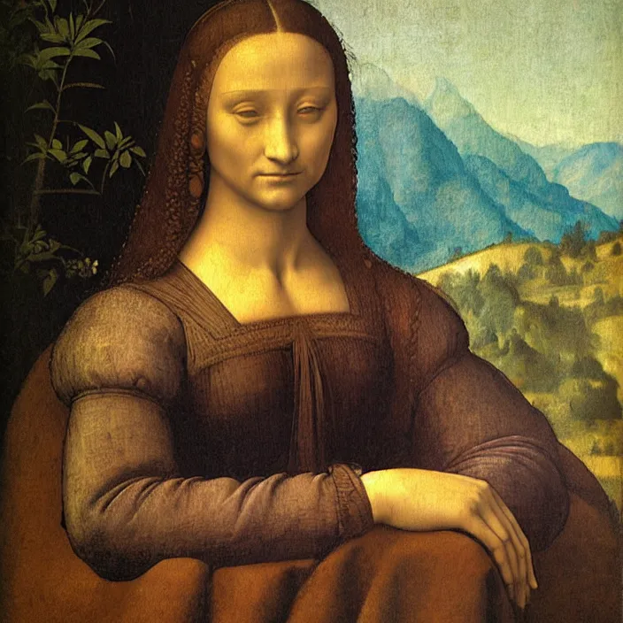 Prompt: a portrait of a woman painted by leonardo da vinci. the woman in the painting is shown seated with her hands folded in her lap. she is wearing a simple dress with a pattern of flowers. her hair is pulled back from her face and she has a small, faint smile. the background of the painting is a landscape of rolling hills and mountains.