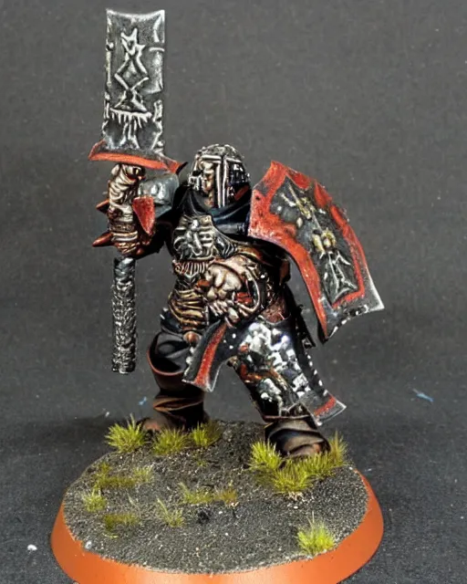 Prompt: a heavily armoured warhammer chaos warrior