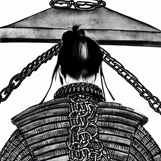 Image similar to A PORTRAIT FROM BEHIND OF A SAMURAI ,THE THE MAN IS WRAPPED IN CHAINS ,detailed, concept art, ink style , sketch