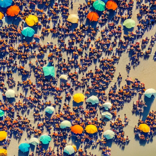 Prompt: An aerial shot of a crowded Californian beach on a sunny day