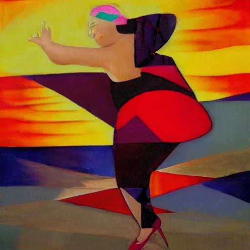 Prompt: fat latin woman dancing, brilliant sunset, cubism, texture, no collage