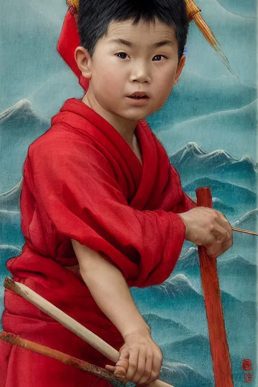Image similar to a masterpiece portrait of legendry nezha flies riding on the wind fire wheels across the sea, water everywhere, chinese mythology, chinese male child, cute face, side view, red cloth around his shoulders, hold spear, cinematic, fantasy character portrait, highly detailed, by ne zha ( 2 0 1 9 ), fenghua zhong, bob byerley