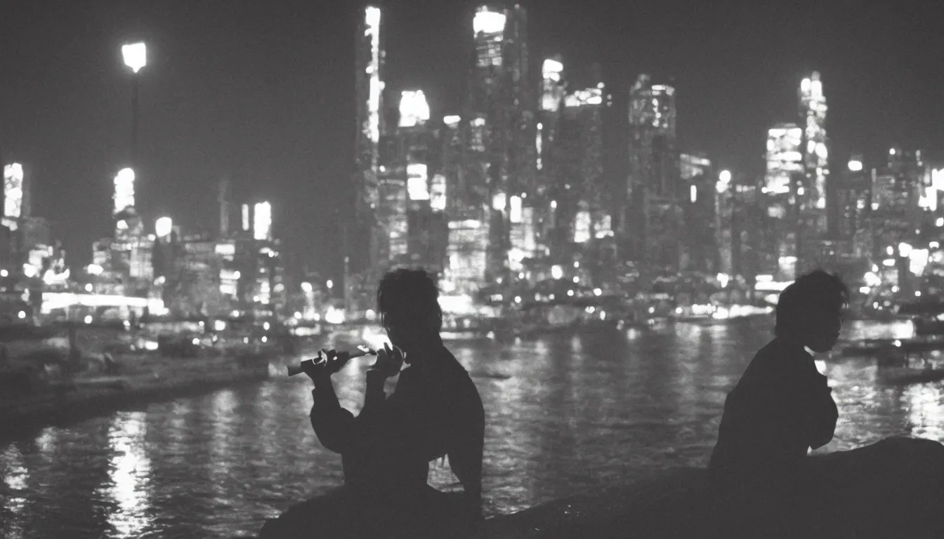 Prompt: 80s asian neon movie still with a man smoking cigarette by the river at night with lights city lights behind his back. Fallen angels still. hyperrealistic, high definition, medium format photography, highly detailed, tehnicolor