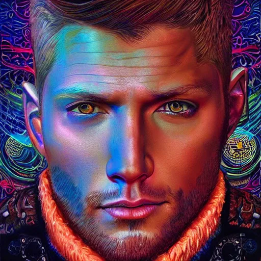 Image similar to portrait of jensen ackles, hyper detailed masterpiece, neon floral pattern, jean giraud, digital art painting, darkwave goth aesthetic, psychedelic, artgerm, donato giancola and tom bagshaw