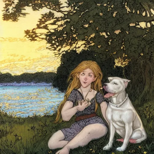 Image similar to pretty girl with curly blonde hair sits next to her white pitbull, sitting on a riverbank watching the sunset, painting by rebecca guay