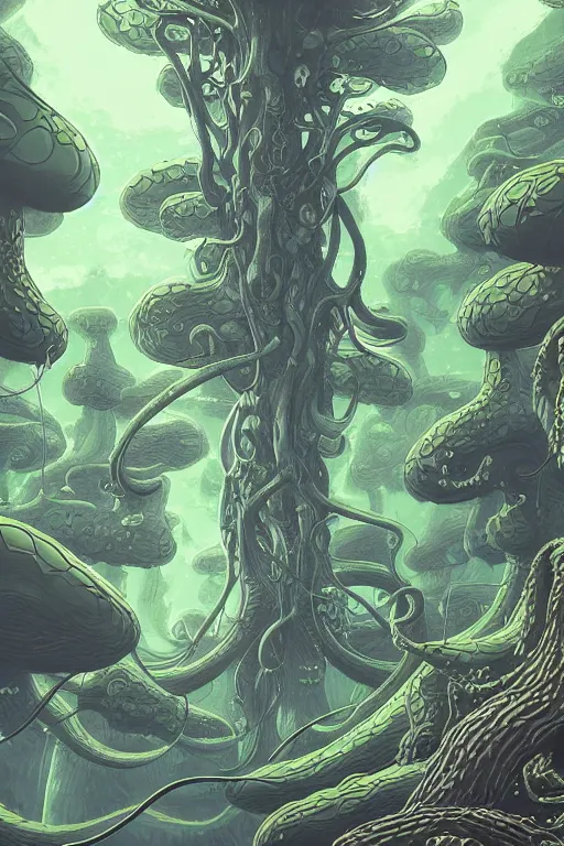 Image similar to concept art painting of an alien world with tentacle trees, artgerm, moebius, inio asano, toon shading, cel shading, calm, tranquil,