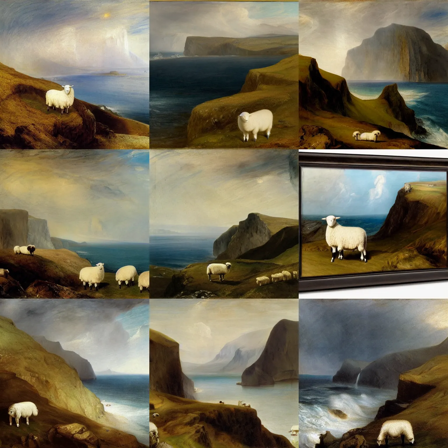 Prompt: faroese landscape with a cliff on the left in the background, white sheep in the foreground looking at the cliff, by jmw turner