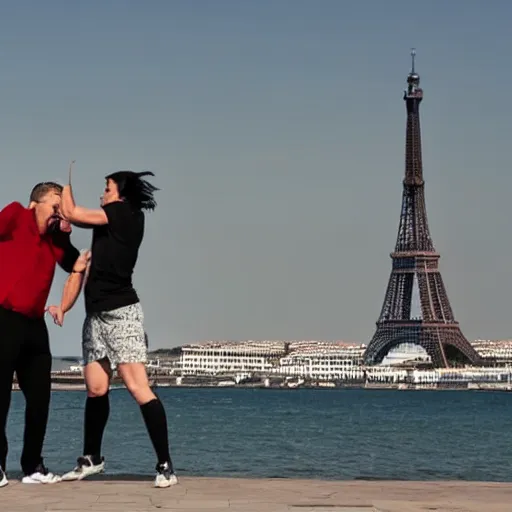 Image similar to a woman slaps a man on the cheek, effeil tower in the background