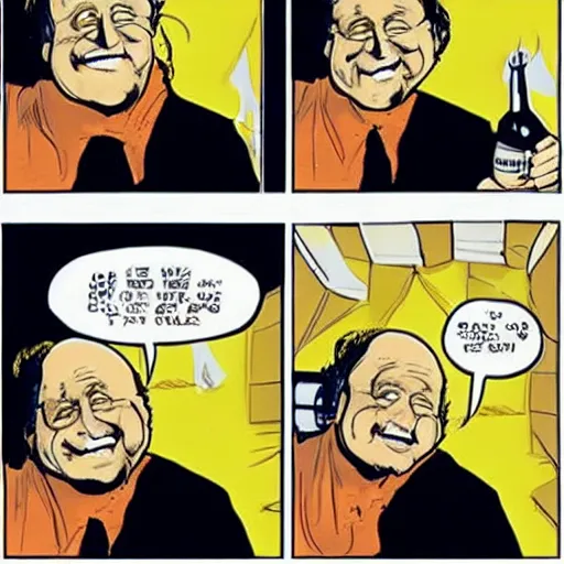 Prompt: danny devito in a comic strip, talking to a version of himself from the future, in the style of x-men
