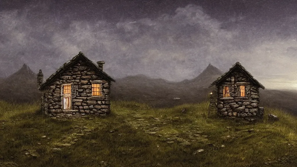 Image similar to A singular rotting cottage on a mountaintop at night, by Lee Madgwick, hyperrealistic, Octane 8k UHD