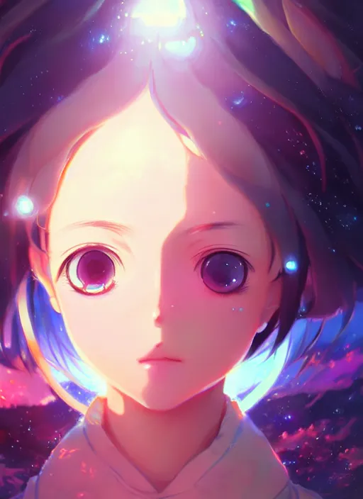 Image similar to portrait of cute girl with huge very adorable anime eyes, very psychedelic planetary anime scenery illustration concept art anime key visual trending pixiv fanbox by wlop and greg rutkowski and makoto shinkai and studio ghibli and kyoto animation