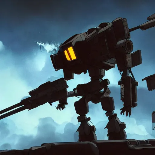 Image similar to a mech with guns on each arm preparing for combat, battlefield, dead trees, fire, smoke, dark clouds, slightly sunny, ominous, intense, epic, extremely detailed, cinematic lighting, studio ghibli, anime,