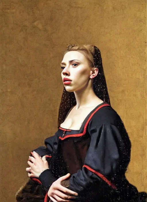 Image similar to portrait of scarlett johansson, oil painting byjohannes vermeer, 1 7 th century, art, oil on canvas, wet - on - wet technique, realistic, expressive emotions, intricate textures, illusionistic detail