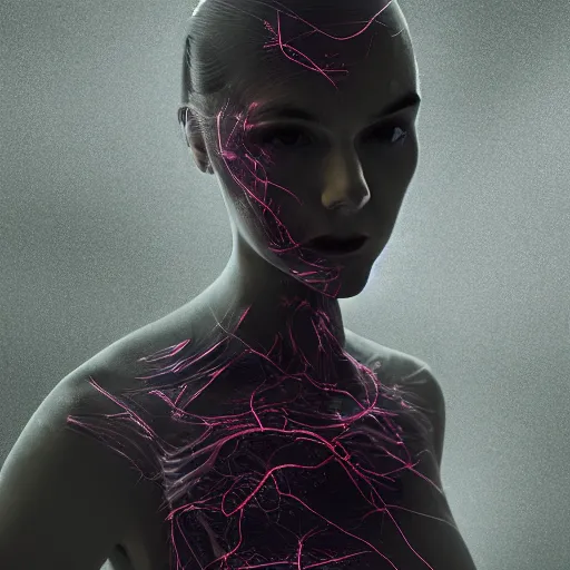 Image similar to a mesh female form composed of dark neurons and veins, see - through, subsurface illumination, cinematic, octane rander, photograph, 3 d, detail, character concept, portrait, dramatic lighting