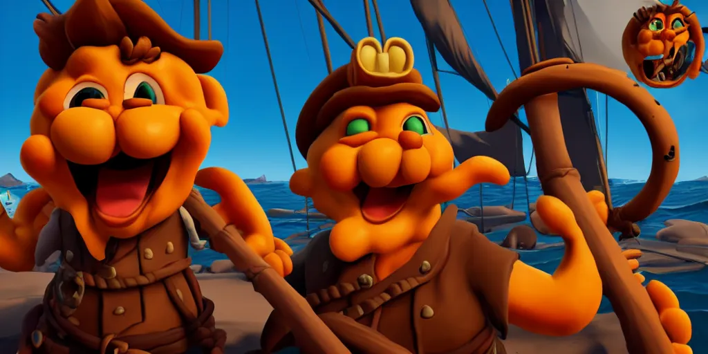 Image similar to selfie of garfield as a sea of thieves character, sea of thieves screenshot, storm, unreal engine, digital art