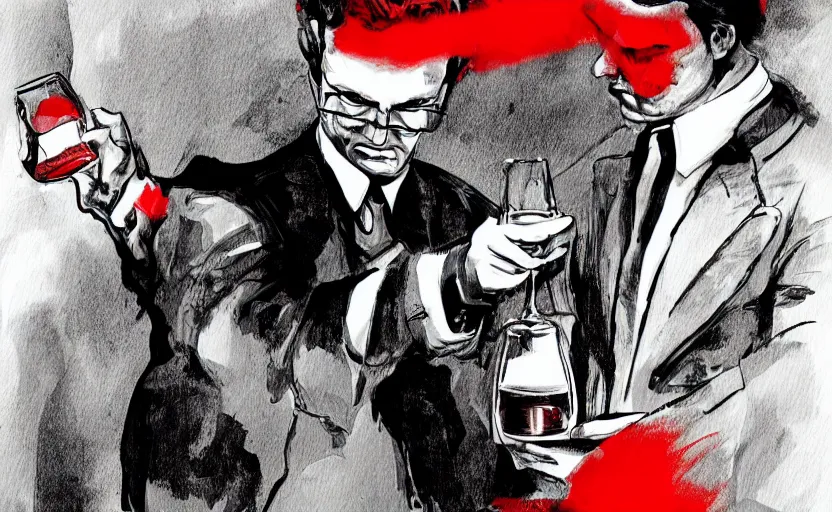 Image similar to A handsome Frenchman and the devil toasting over a whiskey, film noir style, black and white and red colors, establishing shot, extremely high level of detail, high quality, digital art