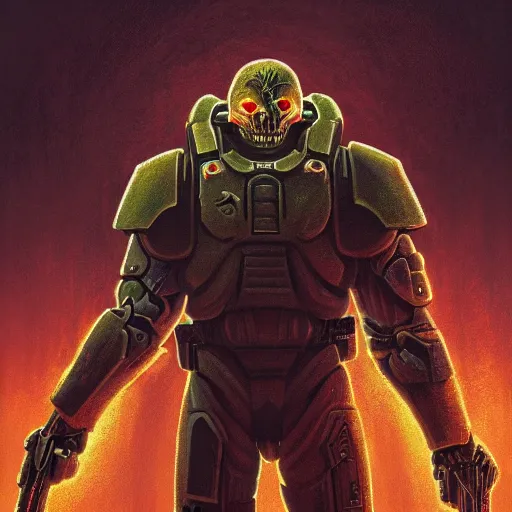 Prompt: doomguy in hell, artstation hall of fame gallery, editors choice, #1 digital painting of all time, most beautiful image ever created, emotionally evocative, greatest art ever made, lifetime achievement magnum opus masterpiece, the most amazing breathtaking image with the deepest message ever painted, a thing of beauty beyond imagination or words, 4k, highly detailed, cinematic lighting