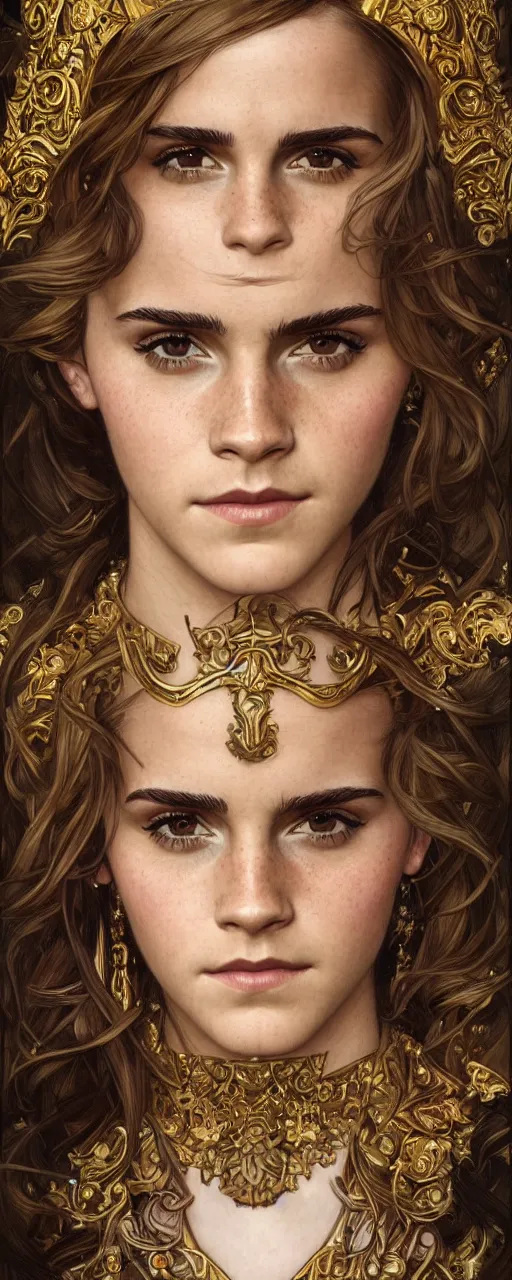 Image similar to photo photorealistic portrait closeup photograph full body art nouveau portrait of Emma Watson ornate intricate golden battle armor, intricate, elegant, highly detailed, digital painting, artstation, concept art, smooth, sharp focus, illustration, art by John William Waterhouse and greg rutkowski and Donato Giancola and alphonse mucha