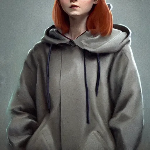 Image similar to a highly detailed epic cinematic concept art CG render digital painting artwork costume design: Sadie Sink, pixie shaved cut, side, in a used 1950s man's coat and hoodie. muted grey colors with tiny yellow accents. By Greg Rutkowski, Ilya Kuvshinov, WLOP, Stanley Artgerm Lau, Ruan Jia and Fenghua Zhong, trending on ArtStation, made in Maya, Blender and Photoshop, octane render, excellent composition, cinematic atmosphere, dynamic dramatic cinematic lighting, aesthetic, very inspirational, arthouse