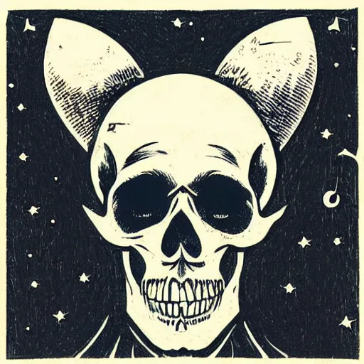 Prompt: Woodcut portrait of a beautiful cute skull with robot ears by falling into the stars greg rutkowski, 4k, intricate details