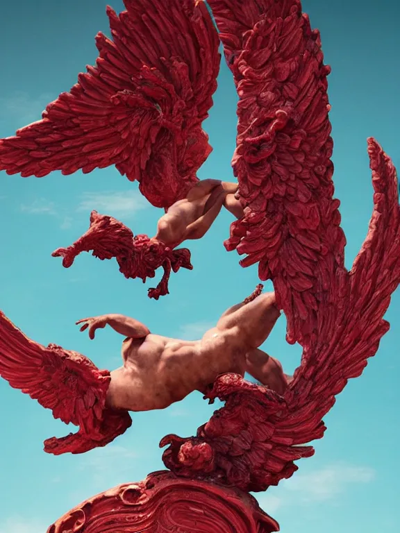 Prompt: a falling man in the form of a Greek sculpture with wings sinking in lake bubbling red wax, skull, flowers, baroque. intricate artwork by marvel. Trending on artstation. octane render, cinematic, hyper realism, octane render, 8k, depth of field, bokeh. iridescent accents. vibrant. teal and gold and red colour scheme