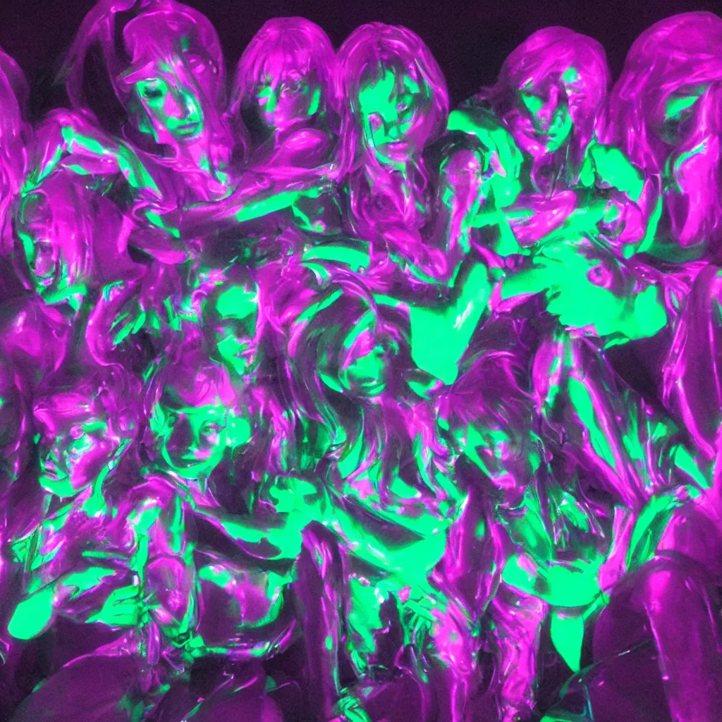 Prompt: plasticine wet shiny girls, crystal, wet moonlit, mirrors, camera angled dramatically, realistic, neon lasers