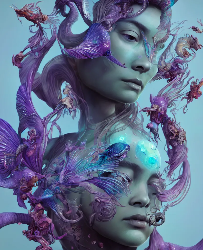 Image similar to goddess full color painted acryllic sculpture close-up portrait. orchid bird phoenix head, nautilus, skull, betta fish, bioluminiscent creatures, intricate artwork by Tooth Wu and wlop and beeple. octane render, trending on artstation, greg rutkowski very coherent symmetrical artwork. cinematic, hyper realism, high detail, octane render, 8k