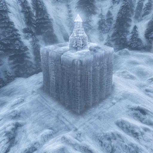 Prompt: top view tower crystal ice architecture soul, ethereal, misty, unreal engine, octane, hdr, volumetric lighting, 4 k, 8 k, uhd w - 9 6 0 h - 9 6 0