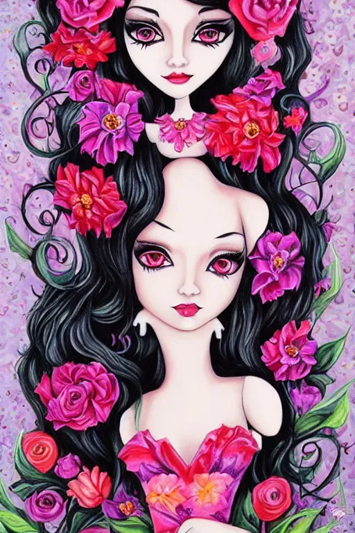 Image similar to gothic barbie with flowers painted by jeremiah ketner