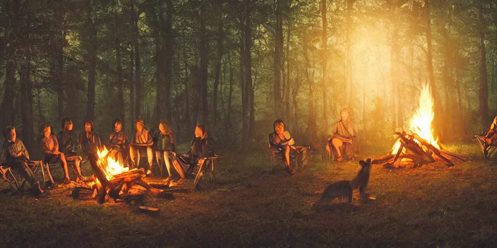 Image similar to A majestic night in the forest. A small group of racoons is sitting next to a campfire. Cinematic, very beautiful, painting in the style of Lord of the rings
