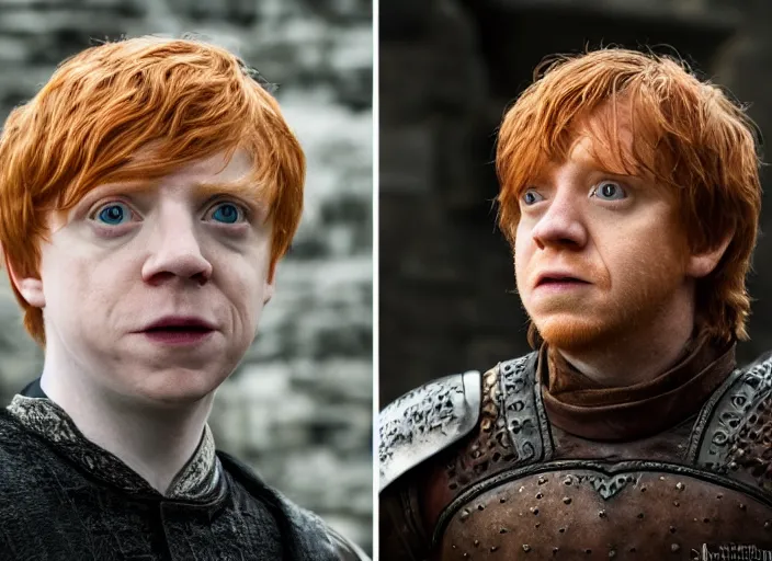 Image similar to ron weasley as thehnellor in game of thrones, rupert grint as thehnellor in game of thrones, handsome portrait of the actor, live action film, cinematic photo, clear hd image